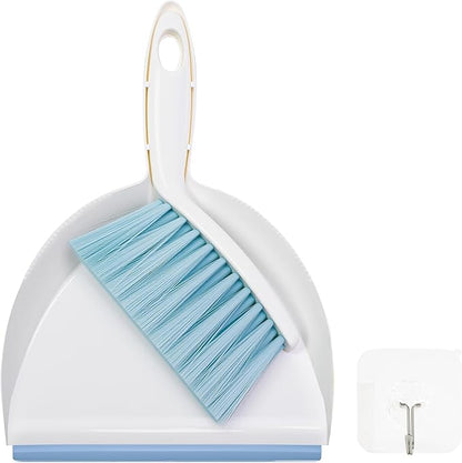 Mini Broom and Dustpan, Plus an Adhesive Hook Set, 7" Dustpan Opening, Bristles for Hair and Small Debris, Mini Portable Hand Brush for Pet, Sofa, Desk, Kitchen (White & Seafoam Blue)