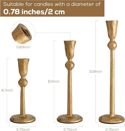 Set of 3 Antique Brass Taper Candle Holders Iron Candlestick Holder for Table Centerpieces Wedding Holiday Decor Vintage Decorative Candelabra Style Candle Stick Stand