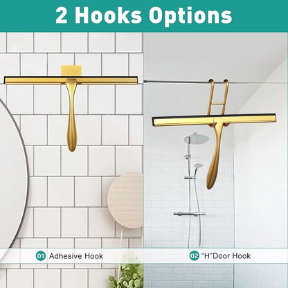 Shower Squeegee for Glass Doors,14-Inch Shower Glass Squeegee, Gold Shower Squeegee for Shower Doors,Mirror,Windows, with Shower Door Hook and Adhesive Hook
