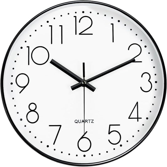 Wall Clock, Silent Wall Clocks Battery Operated 10 Inch Modern Non Ticking Analog Clock with Large Numerals Tempered Glass Clocks for Bedroom, Living Room, Kitchen, Office Decor, White Black