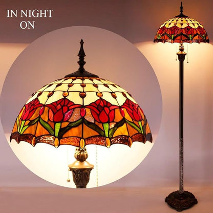 WERFACTORY Tiffany Floor Lamp Red Amber Tulip Flower Stained Glass Standing Reading Light 16X16X64 Inches Antique Pole Corner Lamp Decor Bedroom Living Room Home Office S030 Series