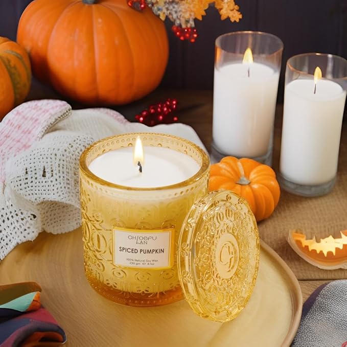 Chloefu LAN Fall Candles for Home Decor Spiced Pumpkin Candle for Halloween, Luxury Scented Soy Jar Autumn Candles with up to 55 Hour Long Lasting, Sweet Home Decor, Barn Fall Decor Pottery, 8.1 oz