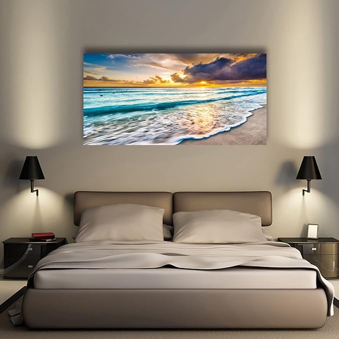 Beach Canvas Wall Art Seascape Theme Pictures Home Decor Blue Ocean White Wave Sunset Prints Painting for Living Room Bathroom Bedroom Kitchen Office Decorations Natural Landscape Artwork 28x57 inches