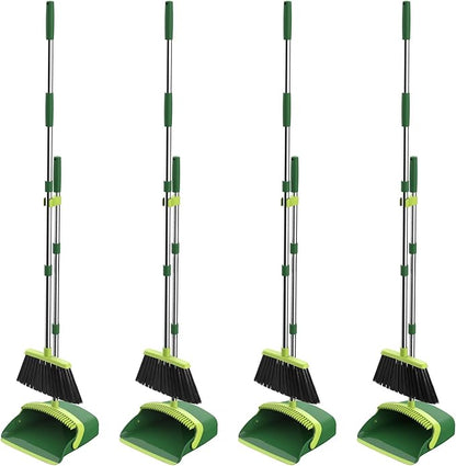 Broom and Dustpan Set, 52-in Long Adjustable Handle Broom Dustpan Combo with Dust pan Teeth to Automatically Clean Hair Suitable for Home Kitchen Office Hall Floor (Green), 4 Pack