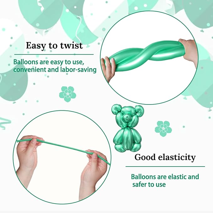 KAWKALSH 260 Metallic Green Long Balloons for Balloon Garland Thickening Skinny Latex Twisting Animals Modeling Christmas Birthday Wedding Party Festival Decorations 100pcs