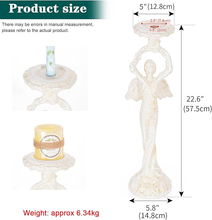 Sungmor Vintage Cast Iron Angel Candlestick Holder – 22.6” Antique Gothic Candle Stand for Home Decor, Taper & Pillar Candles, Distressed White Decorative Centerpiece