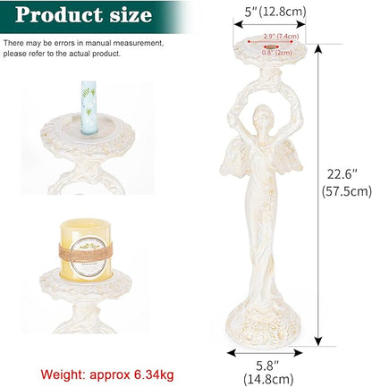 Sungmor Vintage Cast Iron Angel Candlestick Holder – 22.6” Antique Gothic Candle Stand for Home Decor, Taper & Pillar Candles, Distressed White Decorative Centerpiece