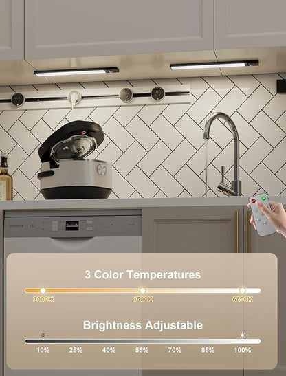 8inch Under Cabinet Lighting Wireless,56 LED -3 Color& 7 Levels Cabinet Lights,3000mah Dimmable Magnetic Cabinet Lights, Motion Activated Under Cabinet Light for kitchen丨Remote丨Magnetic 丨2pack