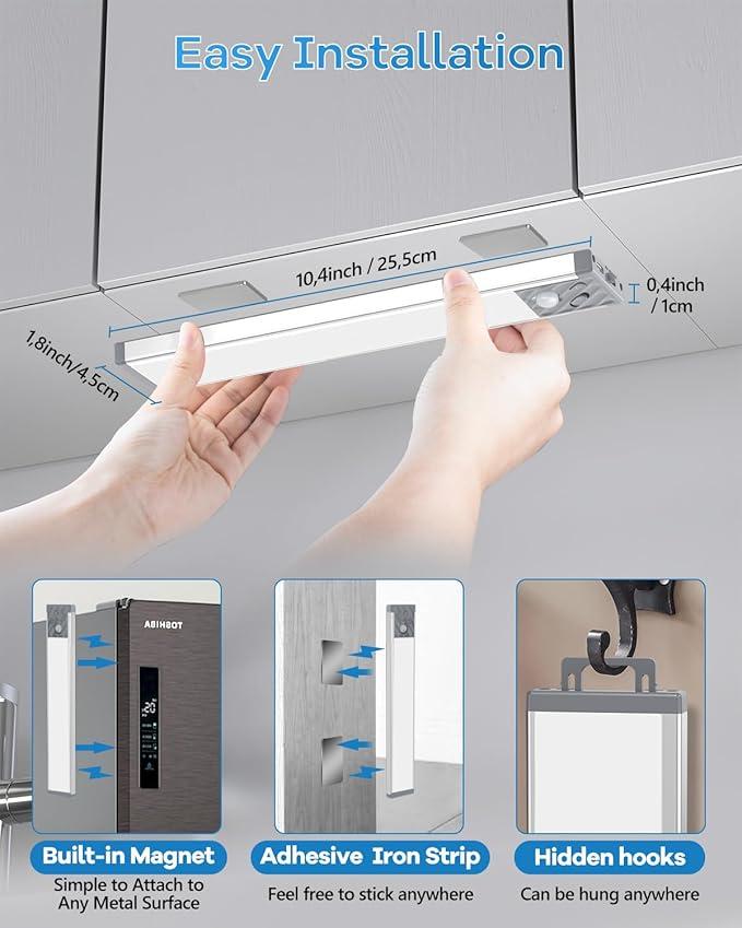HIBOITEC Under Cabinet Lighting Rechargeable 50 LED Closet Lights Battery Operated Dimmable Motion Sensor Light Indoor, Wireless Light for Kitchen, Wardrobe, Drawer, 2 Pack, Warm White Light, 10 inch