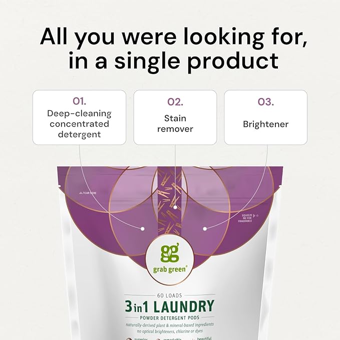 Grab Green 3-in-1 Laundry Detergent Pods, 132 Count, Vetiver Scent, Plant and Mineral Based, Superior Cleaning Power, Stain Remover, Brightens Clothes