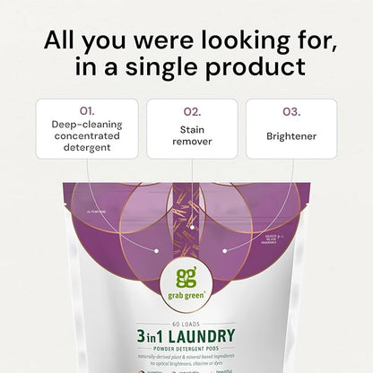 Grab Green 3-in-1 Laundry Detergent Pods, 60 Count, Vetiver Scent, Plant and Mineral Based, Superior Cleaning Power, Stain Remover, Brightens Clothes