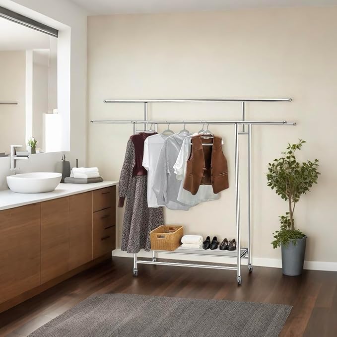 Stainless Steel Clothes Rack, 3-Rod Garment Rack for Hanging Clothes with 4 Wheels Load 600 LBS