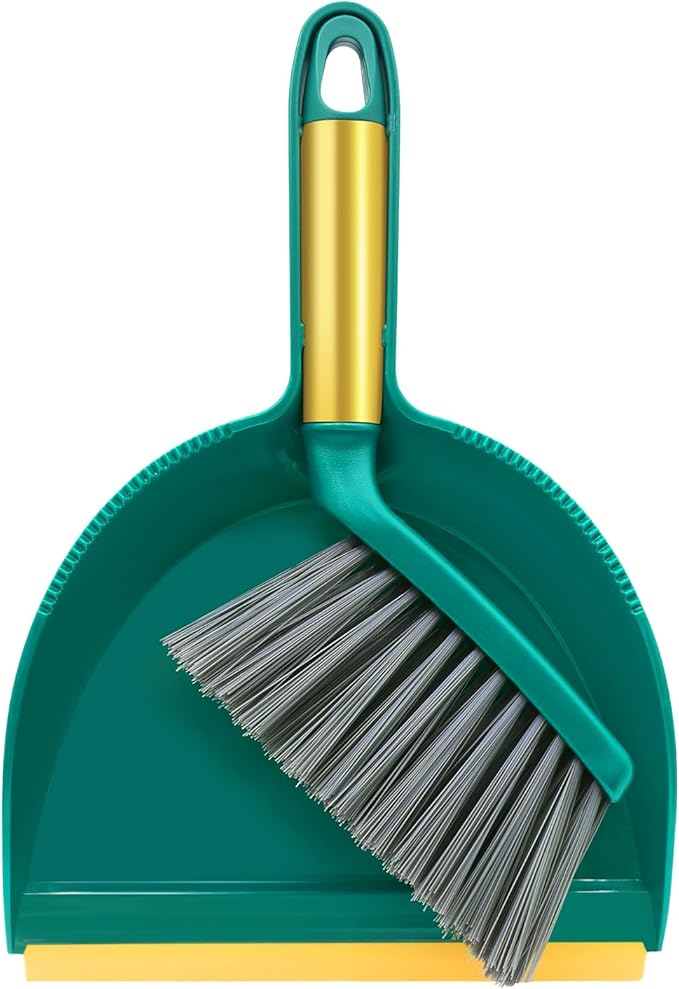 NACENA Mini Broom and Dustpan Set, Small Dust Pan and Brush Set with Handle Dustpan Teeth for Cleaning Hair Suitable for Office Desks Drawers Sofas Pet Care Outdoor Camping, Green
