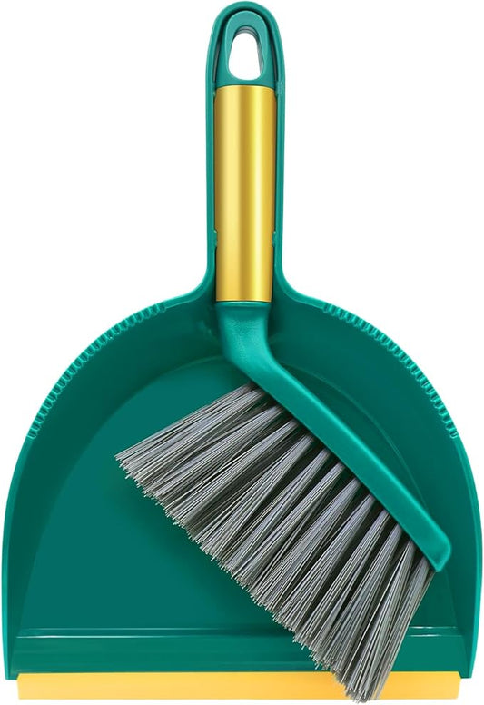 NACENA Mini Broom and Dustpan Set, Small Dust Pan and Brush Set with Handle Dustpan Teeth for Cleaning Hair Suitable for Office Desks Drawers Sofas Pet Care Outdoor Camping, Green