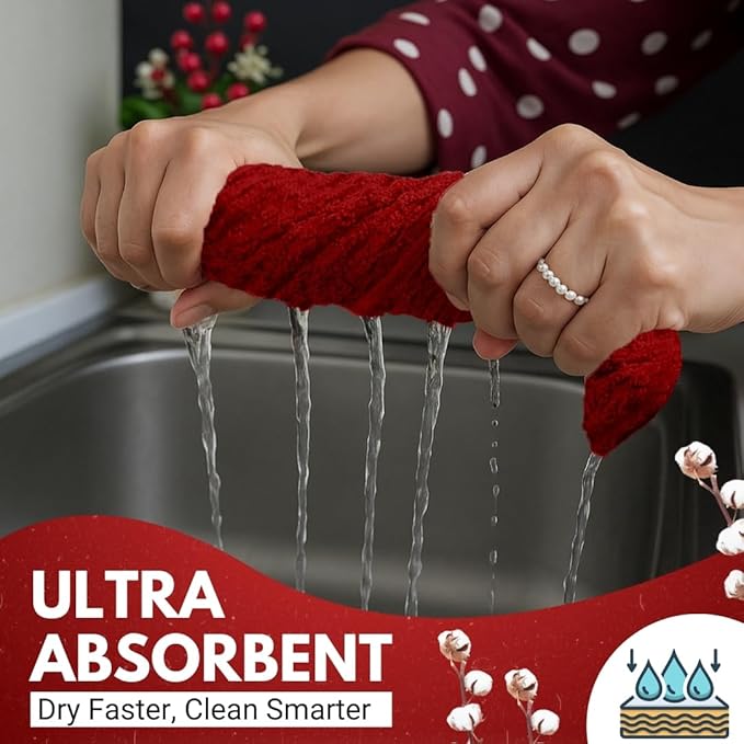 Infinitee Xclusives Premium Kitchen Towels – Pack of 3, 100% Cotton |15 x 25| Inches Absorbent Dish Towels - Terry Kitchen Dishcloth Towels - Red Dish Cloth for Household Cleaning