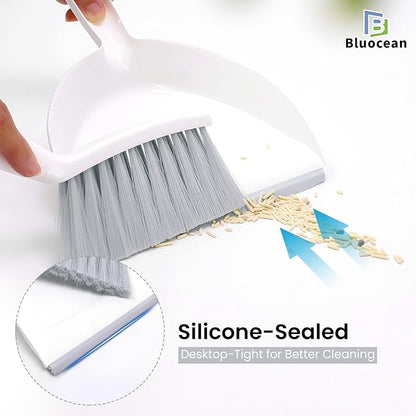 Mini Broom and Dustpan, Plus an Adhesive Hook Set, 7" Dustpan Opening, Bristles for Hair and Small Debris, Mini Portable Hand Brush for Pet, Sofa, Desk, Kitchen(White & Puff Gray)