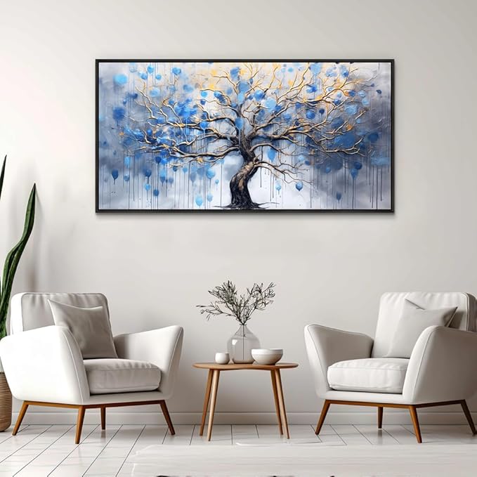 Wapluam Black Framed Canvas Wall Art For Living Room Wall Decor For Bedroom Abstract Office Blue Tree Scenery Wall Pictures Modern Home Decorations Stretched And Framed Ready To Hang Room Artwork