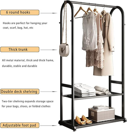 Heavy duty clothes rack,black Clothing rack,metal Garment rack with bottom shelves and 6 Side Hooks for Hanging Clothes, Coats, Shirts(L:31.5IN)