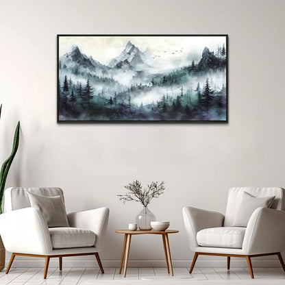 Wapluam Mountain Canvas Wall Art Living Room Modern Wall Decorations For Bedroom Trees Landscape Painting Forest Pictures Office Wall Decor Canvas Prints Large Home Decor Black Framed 48x24