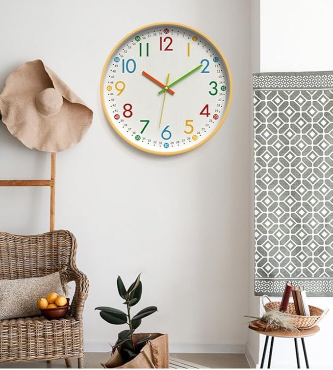 MO-N Silent 12-Inch Wall Clock, Non-Ticking Battery Operated Colorful Clock for Classroom, Bedroom, School, Analog Wall Clock for Time Teaching. (B Type)