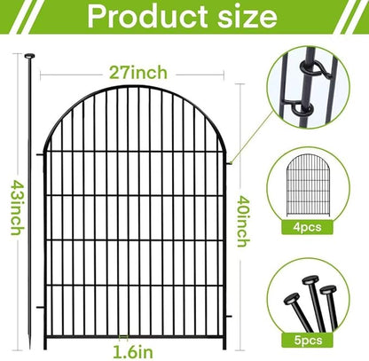Adavin Tall Garden Fence Animal Barrier with Gate, 40 in(H)×8.8ft(L) 4 Panels No Dig Fence for Dogs, Rustproof Metal Wire Temporary Fences for Dogs Rabbits, Black Garden Fencing for Yard Lawn Patio