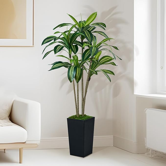 Artificial Dracaena Tree 5FT, Faux Tree with Black Tall Planter, Fake Yucca Tree Tall Faux Plants Indoor, Floor Plant for Home Office Living Room Garden Decor Outdoor, Housewarming Gift
