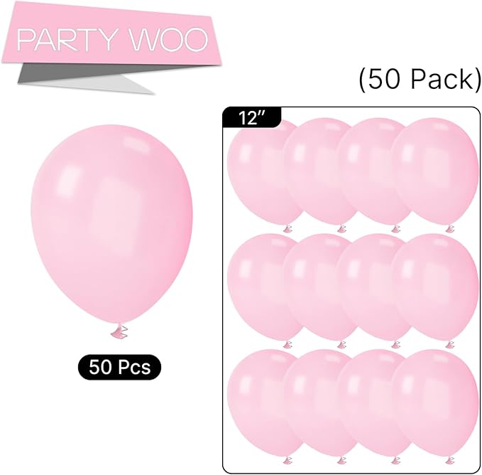 PartyWoo Light Pink Balloons 50 pcs 12 Inch Pastel Baby Pale Pink Latex Balloons for Baby Shower Gender Reveal Valentine's Day Engagement Wedding Princess Birthday Party Decorations Pink-Y48