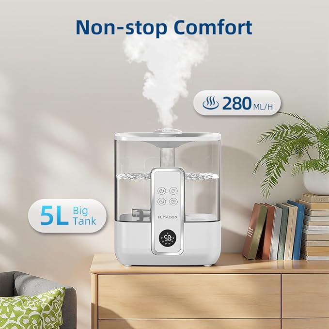 Flymoon 5L Quiet Mist Humidifier for Bedroom Large Room, Air Humidifier for Baby & Plants, Top Fill, 28dB, 3 Mist Levels, 12H Timer, App Control, White