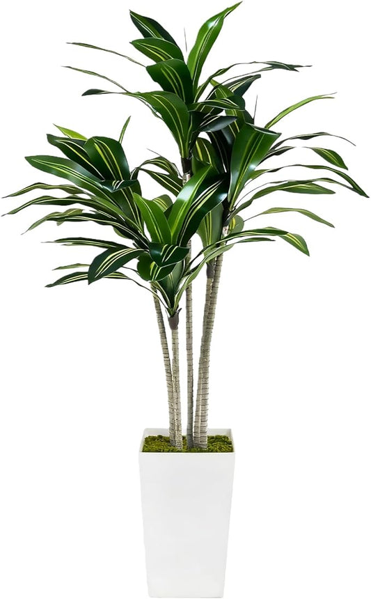 Artificial Dracaena Tree 5FT with White Tall Planter - Artificial Plants Indoor,Faux Yucca Tall Fake Floor Plant in Pot for Home Office Living Room Decor Indoor