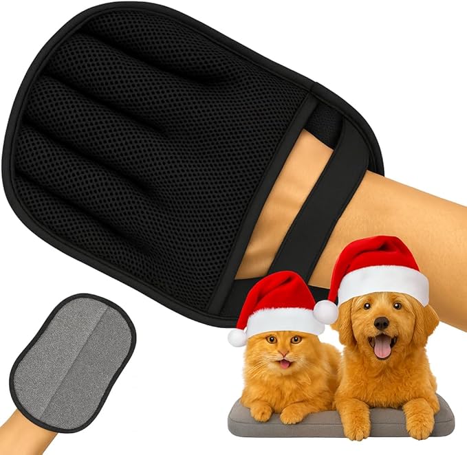Pet Hair Removal Glove – Electrostatic Five-Finger Fur Remover for Cats & Dogs, Reusable Polyester Glove 9.25"x6.69" for Couch, Carpet, Car Seat, Furniture & Clothing, Great as Cat Mom Gifts