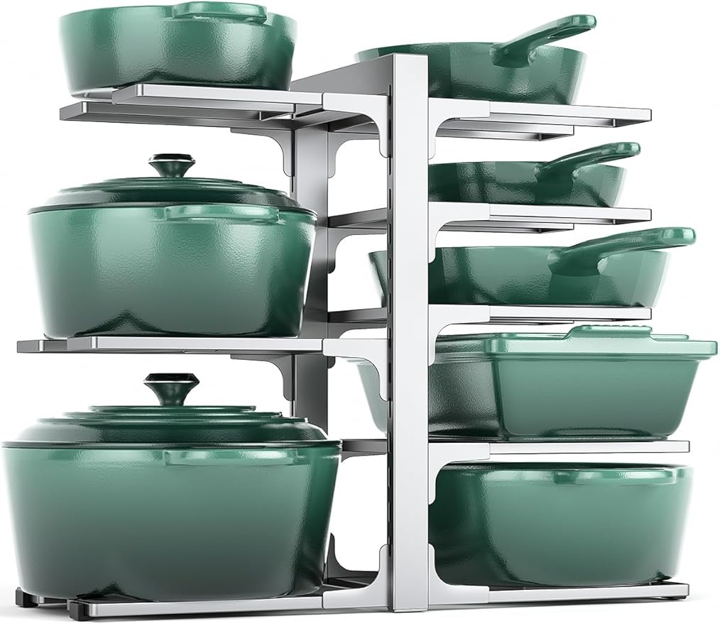 MUDEELA 8-Tier Pots and Pans Organizer for Cabinet, Adjustable Heavy Duty 120LBS Pot and Pan Organizer Rack Under Cabinet, Kitchen Cabinet Storage and Organization Cookware Baking Frying Rack