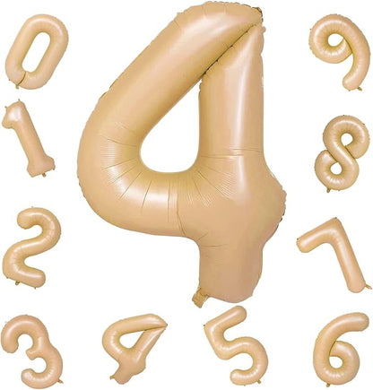 Nude Balloon Number 4, 40 Inch Large Self Inflating Brown Foil Number Balloons 0-9, Giant Apricot 4 Digital Helium Balloon for 4th 14th Girls Boys 40th Women Men Birthday Party Celebration Decorations