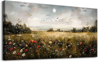 Wapluam Large Canvas Wall Art Living Room Wall Decor for Bedroom Wildflower Field Vintage Wall Art Canvas Prints Paintings Farmhouse Artworks Pictures Modern Aesthetic Home Decoration Ready To Hang