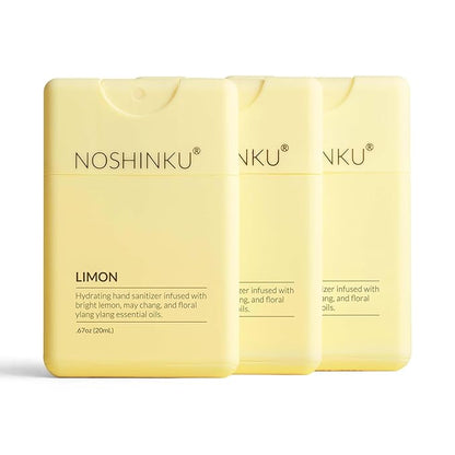 Noshinku - Refillable Hand Sanitizer Limon 3-Pack, Travel Size Spray with Hydrating Botanical Oils, Natural Ingredients, All Natural Fragrances, Sugarcane Derived Alcohol, No Parabens, No Dyes