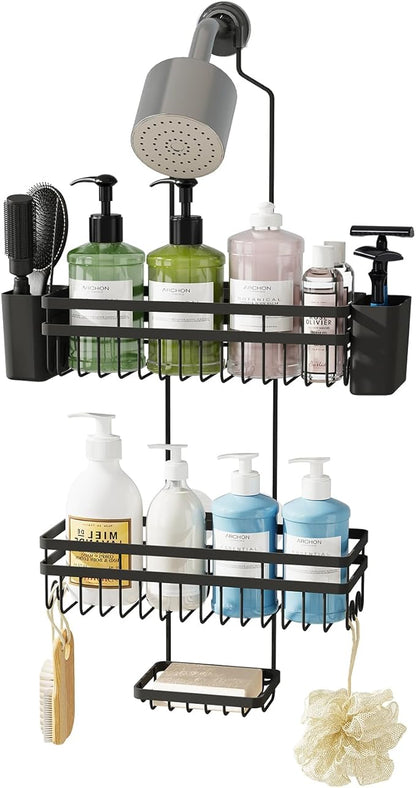 Shower Caddy Hanging for Bathroom Organizers and Storage, Adjustable Anti-Swing Shower Organizer for Wall-Mounted Showerhead with Heavy-Duty Suction Cups, Damage-Free Rustproof (Black)