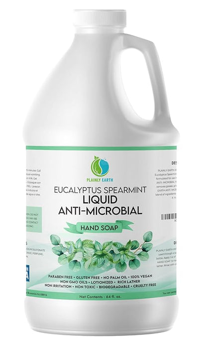 AntiMicrobial Hand Soap 64 oz - Eucalyptus Spearmint Gentle Liquid Hand Soap Refill Antibacterial - Moisturizing, Long Lasting Freshness & Safe for Skin
