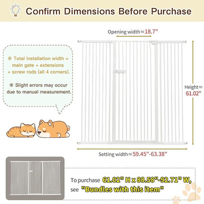 Lumizone Extra Tall Cat Gate 61.02" High Pressure Mounted Extra Wide 2025 New (17 Sizes) 1.37" Gap No Drilling Auto-Close One-Handed Operation Tall Pet Gate for Dogs(White, 61.02" H x 59.45"-63.38" W)