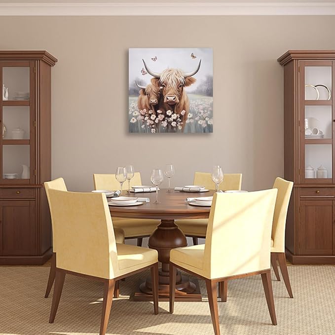 Anolyfi Bathroom Highland Cow Canvas Wall Art Rustic Flower Farmhouse Picture Animal Landscape Painting Abstract Textured Artwork Framed for Bedroom Living Room Kitchen Office Home Decor 20"x20"