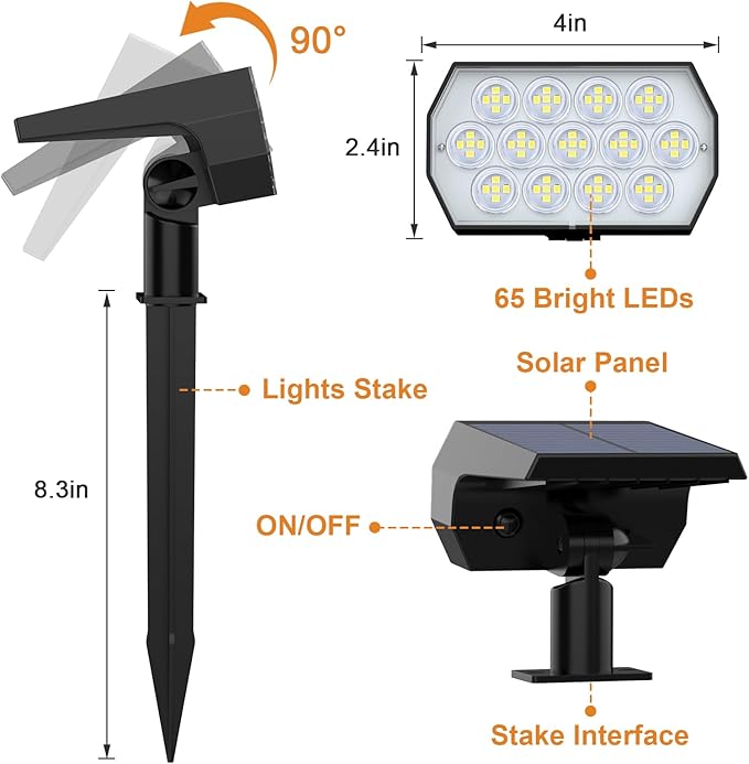WELALO Solar Spot Lights Outdoor, [6 Pack/65 LED/3 Modes] 2-in-1 Solar Landscape Spotlights, Solar Powered Security Lights, IP68 Waterproof Wall Lights for Walkway Yard Garden Driveway(Cool White)