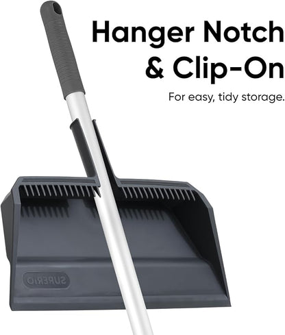 Superio 18" Horse Hair Upright Broom with Telescopic Handle & 16" Gray Dustpan with Comb, Rubber Lip & Clip – Narrow Thin Dust Broom for Dog Hair – Hardwood & Tile Floor Cleaning Set – Gray