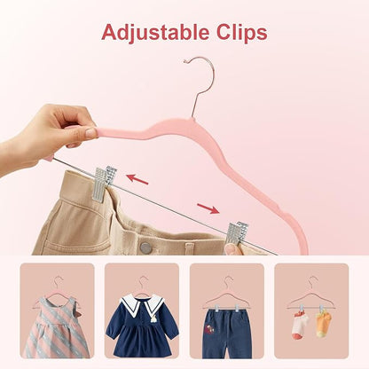 Baby Hangers with Clips, 14 Packs Kids Velvet Clothes Hangers, Heavy-Duty Childrens Pant Hangers for Shirts, Pants, Skirts, Dresses, Jackets, Coatt Pink - Rose Gold Hook