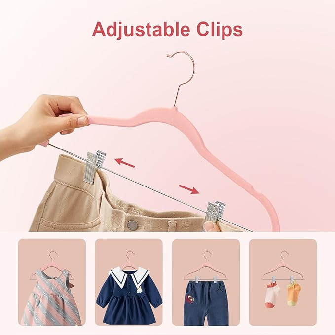 Baby Hangers with Clips, 24 Packs Kids Velvet Clothes Hangers, Heavy-Duty Childrens Pant Hangers for Shirts, Pants, Skirts, Dresses, Jackets, Coat Pink - Rose Gold Hook