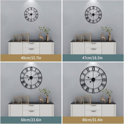 LEIKE 16" Large Wall Clocks Battery Operated, Round Modern Silent Non-Ticking Black Metal Wall Clock for Living Room Decor, Bedroom Kitchen (40cm Diameter, Black Roman Number)