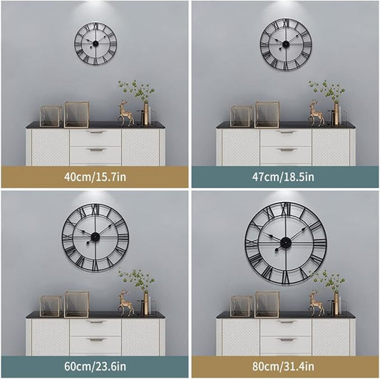 Large Modern Metal Wall Clocks Rustic Round Nearly Silent Little Ticking Battery Operated Roman Numerals Clock for Living Room/Bedroom/Kitchen Wall Decor-(Black, 47cm)
