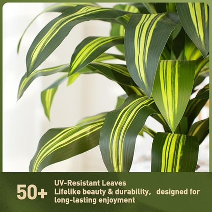 Artificial Dracaena Tree 5FT - UV Resistant Faux Tree with Large Taper Planter & Pebbles - Tall Fake Plants Indoor & Outdoor, Potted Floor Plant for Home Living Room Porch Decor, VN127