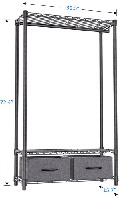 IZEUK Heavy Duty Garment Rack Wire Clothes Rack for Hanging Clothes, Metal Freestanding Closet Wardrobe Rack with 1 Rod and 2 Drawers Dark Grey 15.7" D x 35.5" W x 72.4" H