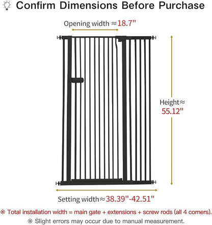 Lumizone Extra Tall Cat Gate 55.12" High Pressure Mounted Extra Wide 2025 New (17 Sizes) 1.37" Gap No Drilling Auto-Close One-Handed Operation Tall Pet Gate for Dogs(Black, 55.12" H x 38.39"-42.51" W)