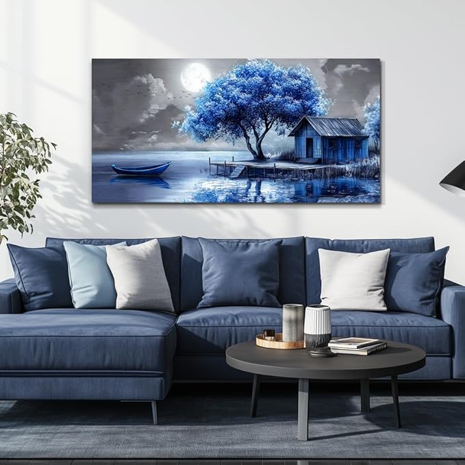 QIYILEXWART Large Wall Decor For Living Room Canvas Wall Art For Office Modern Wall Decorations For Bedroom Blue Tree Landscape Painting Abstract Pictures Artwork Room Home Decor 24x48 In