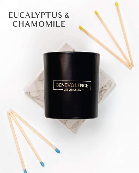 Benevolence LA Eucalyptus & Chamomile Scented Candle | Soy Candles, Black Candle for Home | Gifts for Women and Men | Home Fragrance | Aromatherapy | 8oz, 45 Hour Burn