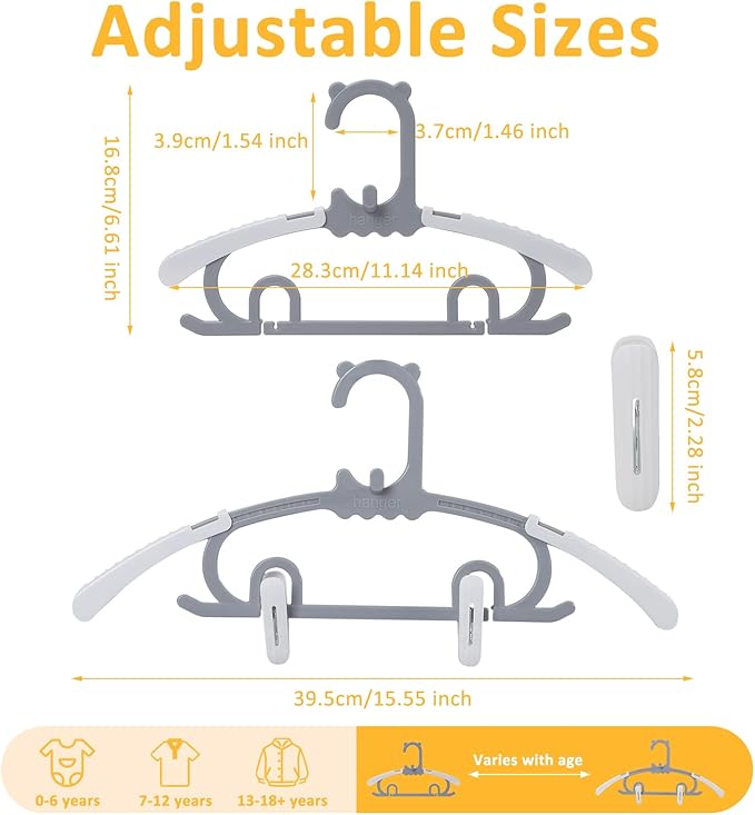 20 Pack Baby Clothes Hangers with 16 Clips, 11-15 inch Adjustable Kid Hanger, Multifunctional Children Hangers for Girl Boy Toddler Kids Child(Grey)